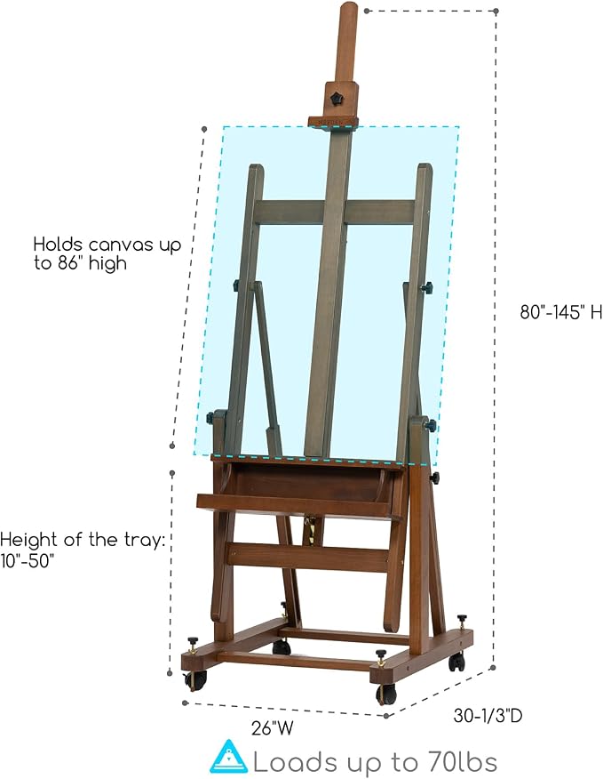 MEEDEN Enlarged H-Frame Art Easel: Solid Beech Wood Artist Heavy Duty Easel | Professional Painting Art Easel Stand for Adults Artist Painters - with 4 Lockable Wheels - Hold Canvas up to 86" - Walnut