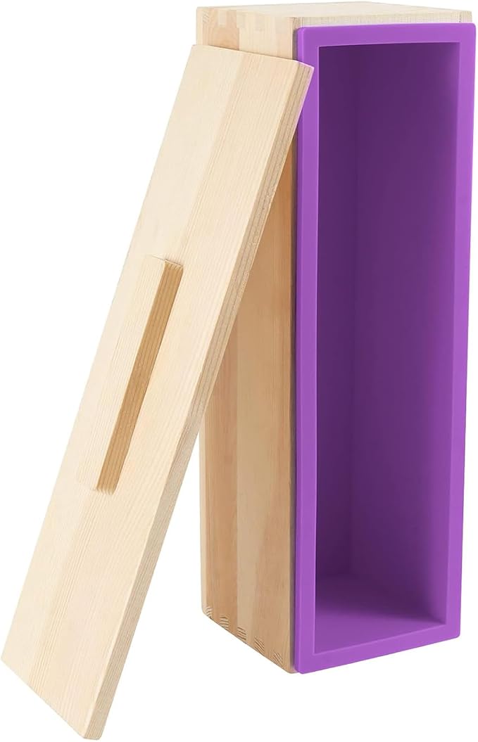 3PCS 47oz Silicone Soap Kit, Purple Rectangular Silicone Loaf Soap Making with 3 Wooden Boxes and 3 Lids, DIY Supplies for Soap Making