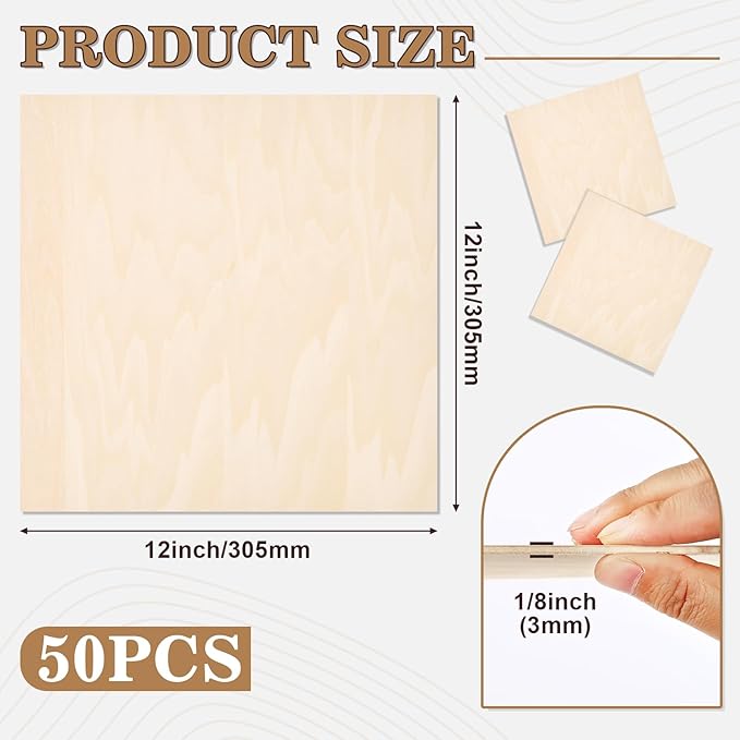 50 Pack Basswood Sheets for Crafts,12"x12"x1/8" 3mm Thick Plywood Sheets with Smooth Surfaces-Unfinished Squares Wood Boards for Laser Cutting, Wood Burning, Architectural Models, Staining