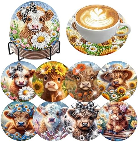 8 Pack Diamond Art Coasters,Highland Cow Diamond Painting Coasters Kits