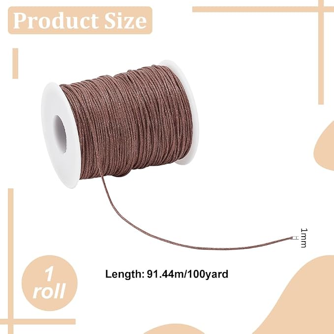 PH PandaHall 1mm Waxed Cord,100 Yards Waxed Cotton Cord Brown Waxed Thread Beading String Waxed Craft String for Bracelet Necklace Jewelry Waist Beads Making Crafting Beading Macrame