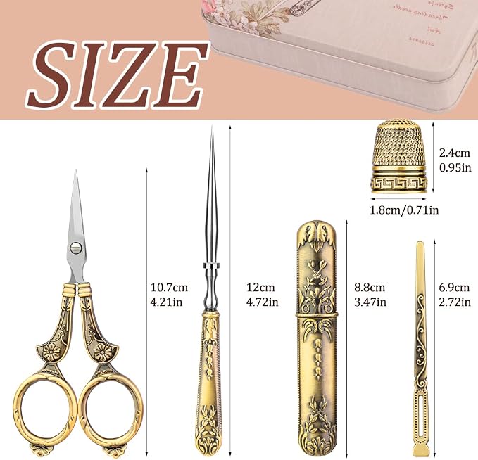 BUTUZE Embroidery Scissors Kit,European Antique Vintage Sewing Kit,Complete Vintage Sewing Tools with Embroidery Scissors,Original Case,Sewing Needle Case,Awl for Sewing,Craft,Needlework