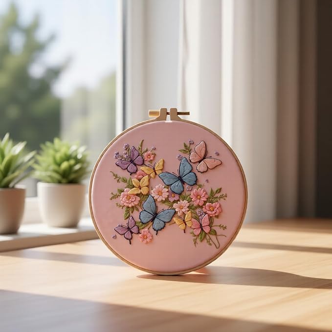 Embroidery Kit for Beginners & Adults Starter Kit, Cross Stitch Kits,DIY Hand Embroidery Needlepoint Set with Hoop, Pre-Printed Fabric, Threads and Instructions (Butterfly)