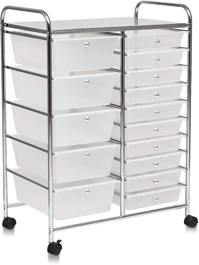 Giantex 15 Drawer Rolling Storage Cart Tools Scrapbook Paper Office School Organizer, Clear