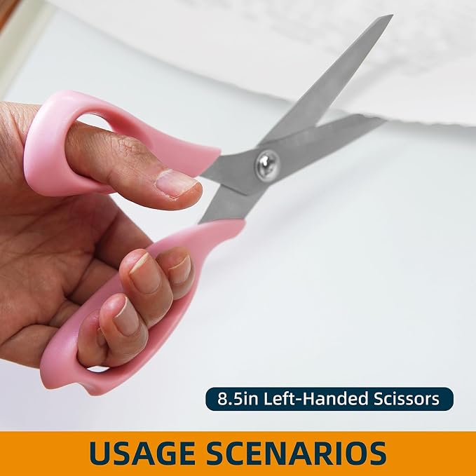 MANUFORE Left-Handed Sewing Tool Kit -8.5in Lefty Fabric Scissors, 4.5in Thread Trimmers, Rotary Cutter with 3 Replacement Blades - Pink Set for Quilters, Crafters, and DIY Projects