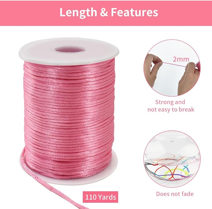 TONIFUL Nylon String Satin Cord for Necklace Bracelet Beading 2mm Pink | 110yd Non elastic durable non fading, for Jewelry Making Thread Rattail Macrame Trim Kumihimo Chinese Knot Craft Tags Hanging