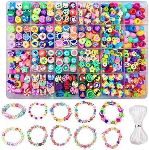 Bracelet Making kit, 1000pcs Polymer Clay Beads Bracelet Making kit, 24 Styles Fruit, Flower, Cake, Butterfly, Necklace, Earrings, DIY Bracelet Making kit Accessories for Women