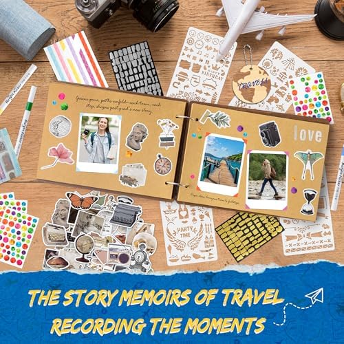 CY2SIDE Travel Photo Album Scrapbook - 111PCS Let The Adventure Begin Wooden Travel Scrapbook Craft Kit, Traveling Diary Photo Book DIY Handmade Souvenir Gifts for Adventure Lovers, Heartfelt Present