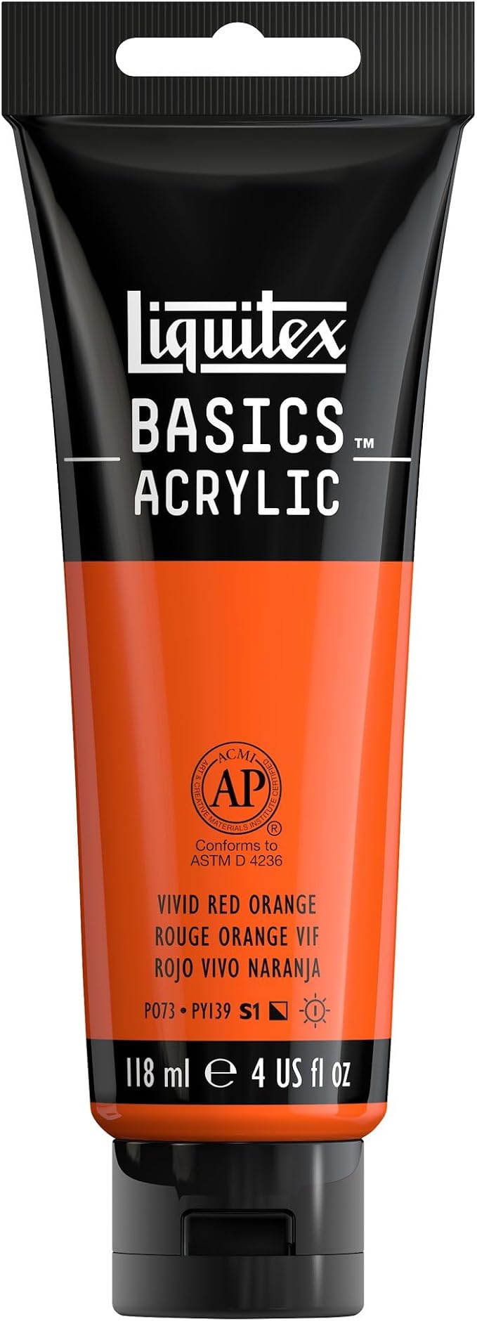 Liquitex BASICS Acrylic Paint, 4-oz Tube, Vivid Red Orange | Medium Viscosity, Satin Finish, Lightfast, Fine Art Pigments, Range of Opacities, Easy Blending