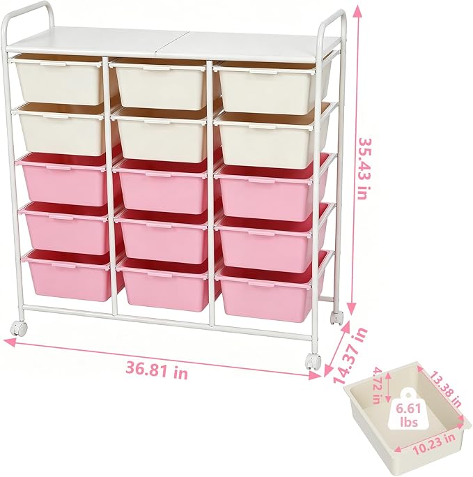 15-Drawer Rolling Storage Cart with Wheels, 2-Color Plastic Drawer Cart | Mobile Organizer Cart, Utility Storage Trolley for Office, Living Room, Craft Room, Bathroom, and Home Organization