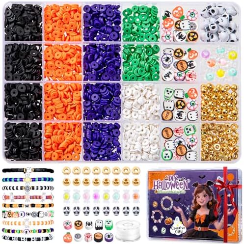 Taybonds Halloween Clay Beads Friendship Bracelet Making Kit for Party, Jewelry Making Kit with Polymer Clay Charms and Skull for Bracelets, Gifts