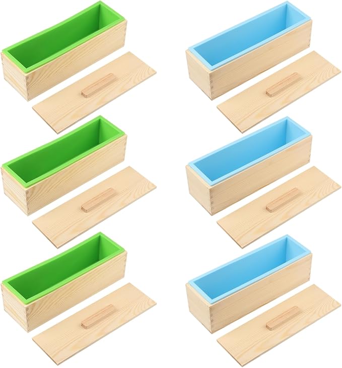 Geytetqi 6 Packs 42oz Soap Loaf Wood Box for Soap Making, Premium Silicone Loaf Soap Mollds with Wooden Box and Lid, Ideal for Large Size Homemade Soaps, Flexible and Heat Resistant(Green &Blue)