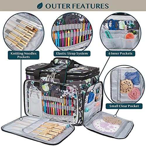 PAVILIA Knitting Yarn Storage Bag Crochet Knitter Organizer, Floral Grey