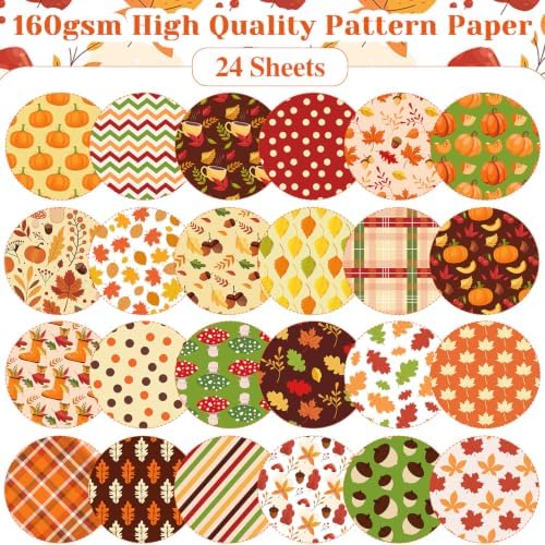 Konsait 24 Sheets Double Sided Autumn Pattern Paper, 5.9 x 5.9 Inch Different Designs Cozy Fall Harvest Geometric Decorative Paper for Junk Journal Scrapbook Thanksgiving DIY Crafts