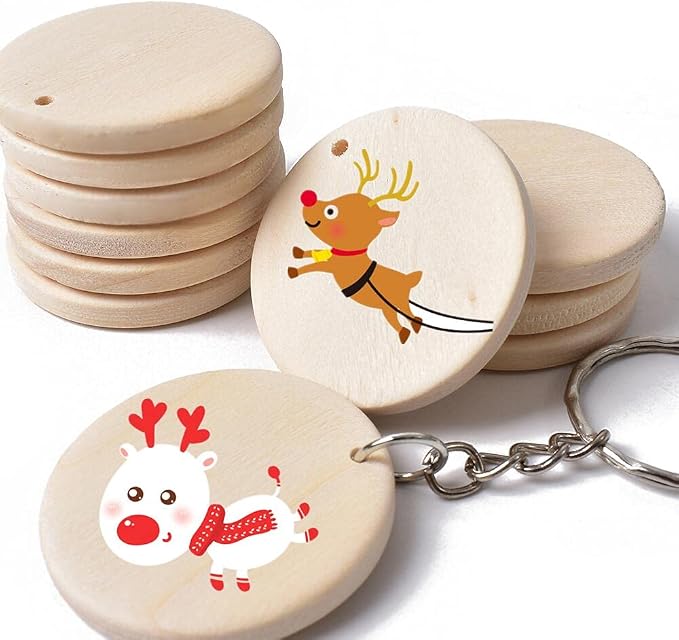 30Pcs Natural Wood Slices, 1.5 inch Unfinished Wood Sign, Unfinished Predrilled Log Discs Wooden Circles with 30 pcs Key Rings for DIY Crafts Christmas Decorations Ornaments