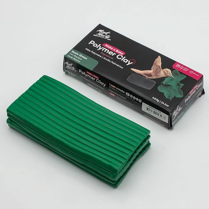 Mont Marte Make n Bake Polymer Clay Signature Basic Green 400g (14.1oz) Block, Bake in Oven, Soft and Smooth, Sculpting, Craft, DIY Décor, Jewelry