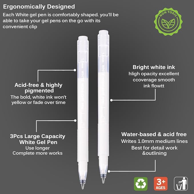 Brusarth White Gel Pens, 1mm Fine Point Opaque Archival Ink Pens | 3 Pack Opaque White Archival Ink Pens for Black Paper Drawing, Sketching, Illustration, Bullet Journaling