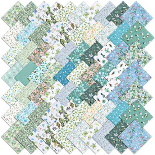 70 Pcs 10 x 10 Inch Green Floral Cotton Fabric Squares, Green Cotton Fabric Bundles Charm Packs, Precut Printed Patchwork Materials, Vintage Greenery Fat for Sewing Quilts and DIY Craft