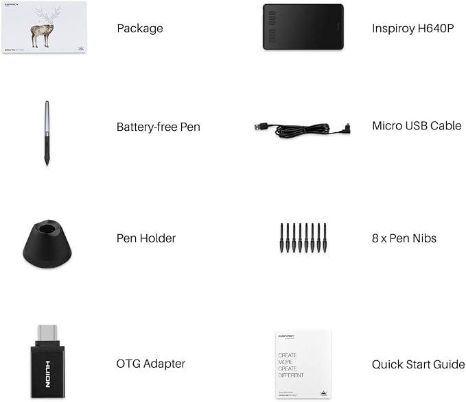 HUION Inspiroy H640P 6x4 inch Drawing Tablet 8192 Pen Pressure | Battery-Free Stylus, Tilt, 6 Hot Keys, Work with Mac/PC/Android, Digital Art for Beginner, Drawing, Writing, Design, Teaching