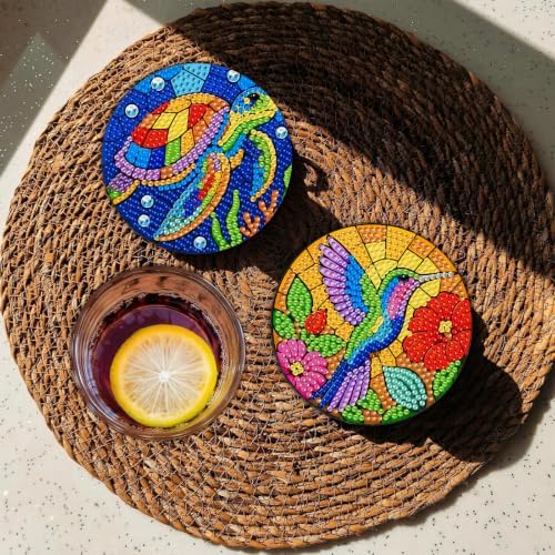 CRZMODE 8 Pcs Stained Glass Animals Diamond Art Coasters Kits, Diamond Painting Coasters with Holder Set of 8, DIY Animals Art Crafts Supplies for Adults Cup Mat House Warming Gifts Non-Slip