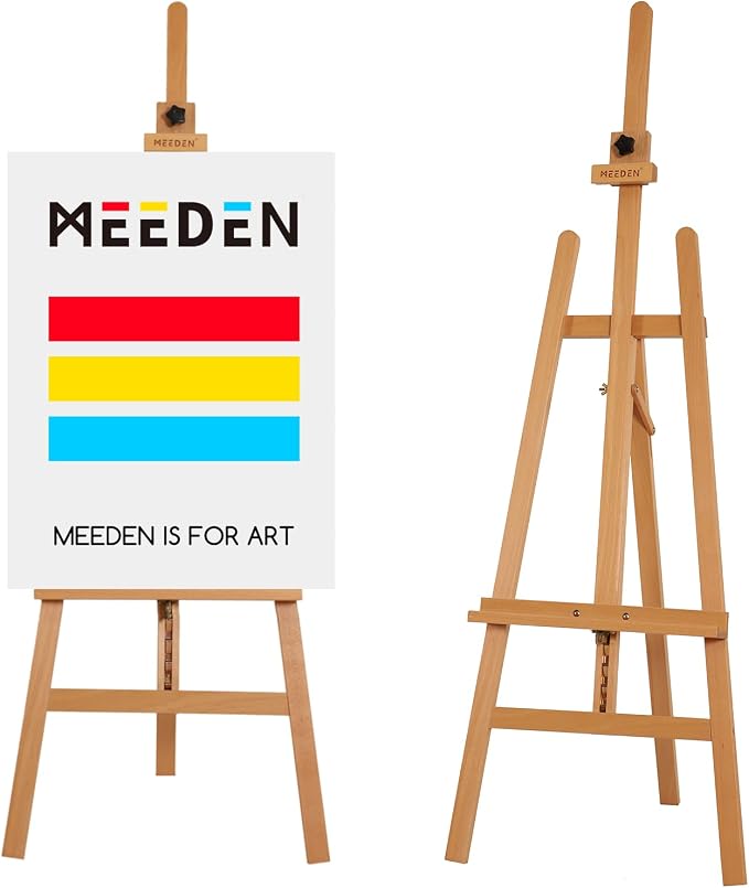 MEEDEN Painting Wooden Art Easel: Solid Beechwood, Hold Canvas up to 43" | Adjustable Height from 57"-76" for Studio Gallery, Multiple Work Angles A-Frame Easel for Adults Artists Beginners, Natural