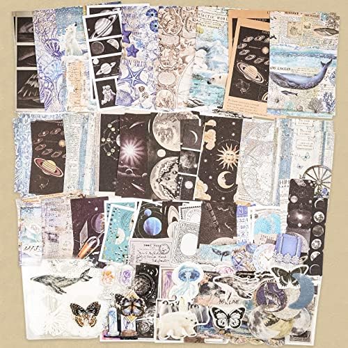 Knaid 200 Piece Vintage Ephemera Bundle - Paper & Sticker Kit for Junk Journaling, Scrapbooking, Planners, Bullet Journals, Collage, Decoupage - Black/Blue Tones