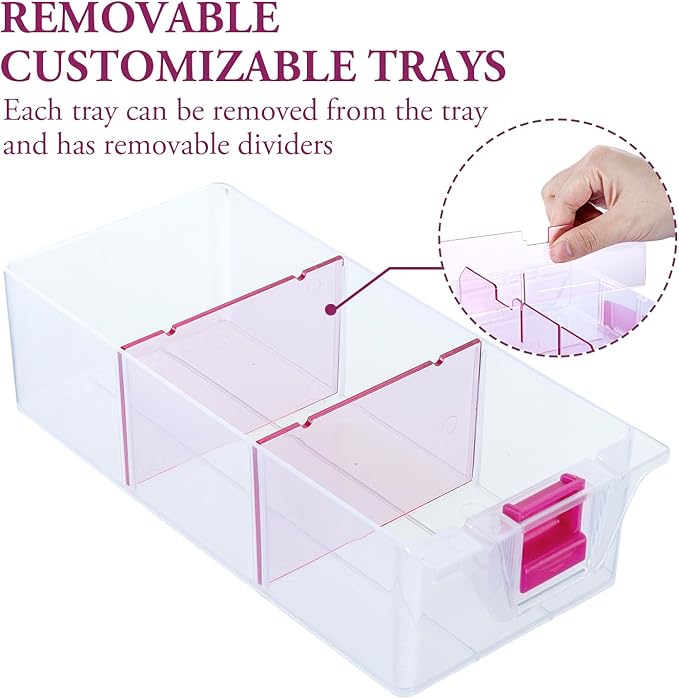 MyGift 11 Inch Clear Arts and Crafts Stackable Container, Sewing Supplies Storage Organizer Case with Pink Accents, 24 Customizable Compartments, and 6 Drawers with Removable Dividers