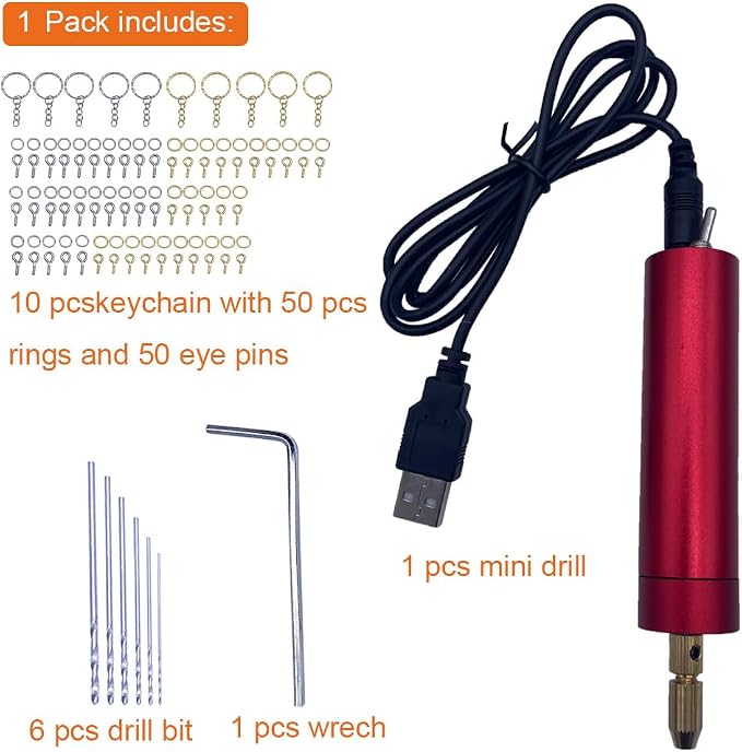 USB Mini Electric Drill Set for Resin Aluminum Rotary Tool with 6 Drill Bits Electrical Handheld Pin Vise Kit for Small DIY Drilling Projects Keychain Crafts Making (Red, Drill Press)