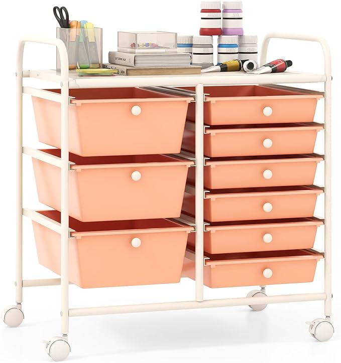 Giantex 9 Drawers Rolling Cart, Classroom Organizers, Storage Cart with Wheels, for Teacher Office Home School Supplies Tool Craft Art Paper, Peach Fuzz