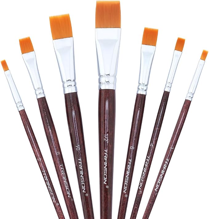 Transon Flat Paint Brush Set 7pcs for Acrylic Watercolor Gouache Oil and Body Painting