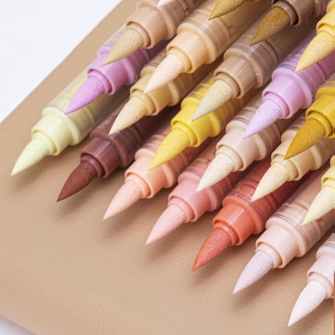 Guangna Skin Tone Acrylic Paint Art Markers, 24 Colors Brush Tip Skin Tone Markers Set, Perfect for Paper Wood Rock Glass Plastic Metal Canvas Comics Anime Coloring
