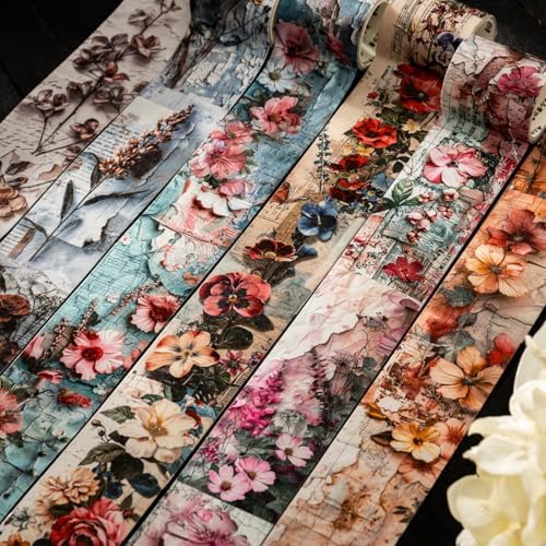 Alideco 6pcs Decorative Adhesive Tapes Vintage Flower Washi Paper Tape Great for Bullet Journal Supplies, Arts, Scrapbook, DIY Crafts, Planners (qihuamanying)