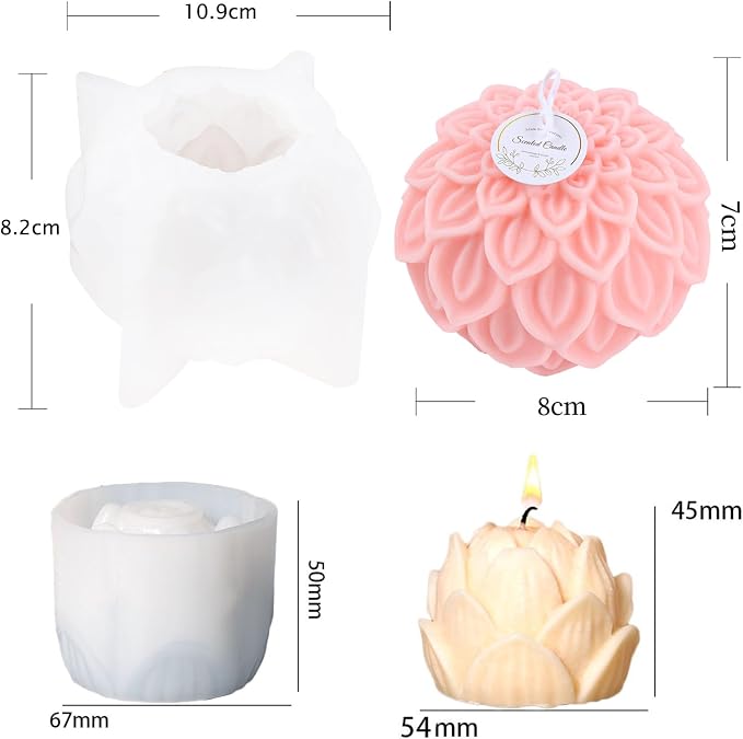 2PCS Lotus Sphere Candle Molds with Mold Punch Needle Large-Eye Wicking Needle for Candle Making Lotus Flower Ball Mold for Decoration Scented Candle DIY Clay Craft Soap Flower Specimen