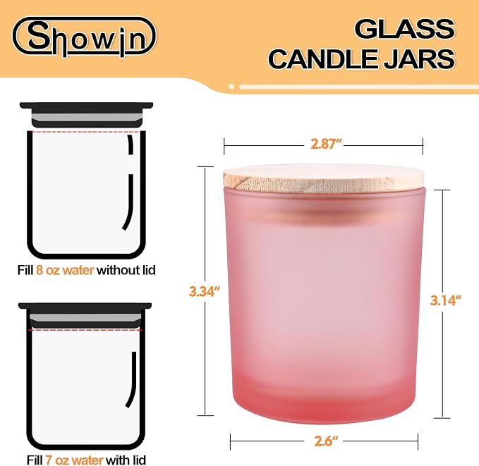 SHOWIN 8 OZ Thick Candle Jars for Making Candles 15 Pcs, Empty Jars with Wood Lids for Candle Making, Sample Container, Frosted Pink