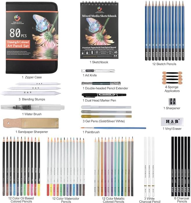 H & B 80PCS Drawing Set Sketching Kit, Art Supplies with Sketchbook & Case | Complete Pro Art Kit with Sketch & Colored Pencils - Portable Zippered Case - Ideal for Adult Artists & Beginners