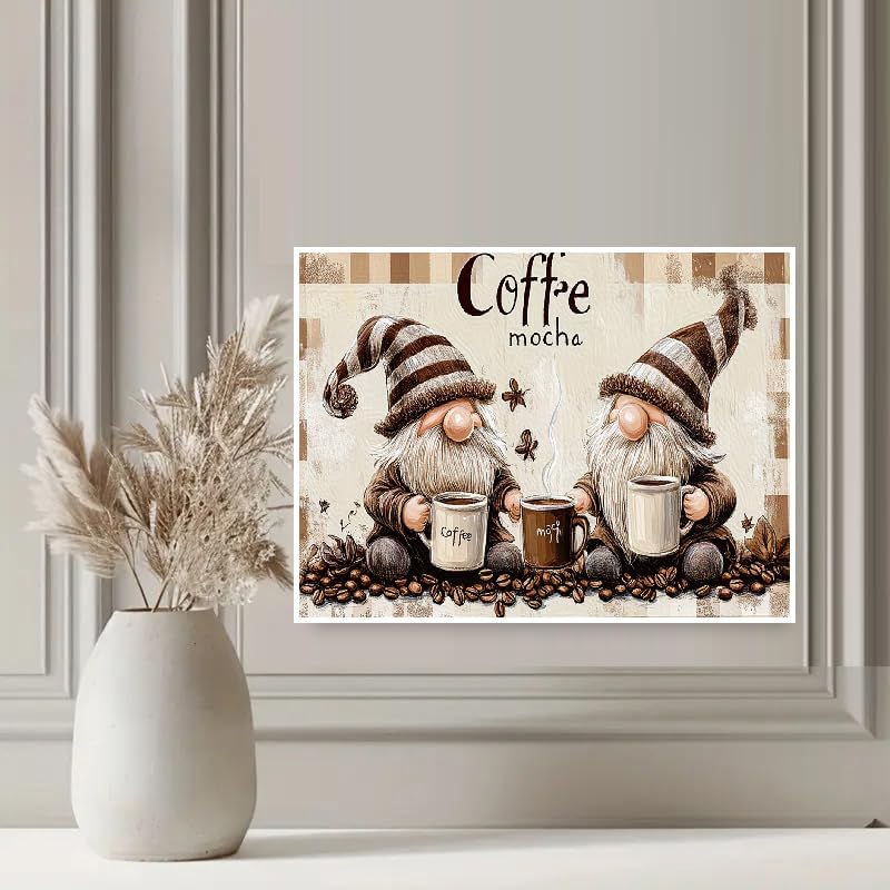 KYOQFVN Gnome Diamond Art Painting Kits for Adults, Coffee Gnome Diamond Painting Kit for Beginners, 5D DIY Round Full Drill Painting with Gem Art Craft Kits for Home Wall Decor 12x16 Inch