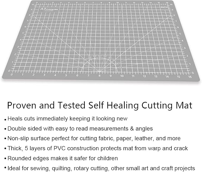 Headley Tools 18"x12" Thickened Self Healing Cutting Mat, A3 Rotary Cutting Sewing Mat for Crafts, Double Sided 5-Ply Table Cutting Board for Fabric Quilting Leather Hobby Project, Grey/Black