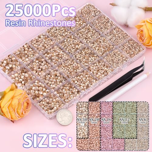 25000Pcs Resin Rhinestones with Tweezers for Crafting, Champagne 2-6mm Mixed Sizes Bedazzling Crystal with 3Pcs 10ml B7000 Jewelry Glue for DIY Crafts Clothing Tumblers Shoes Fabric Nail Art