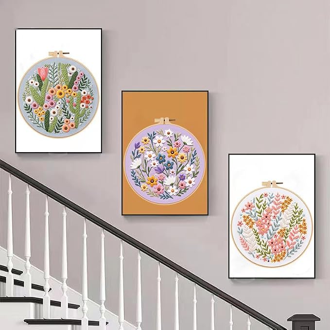 Konrisa Blossoms Embroidery Kit for Adults Beginners, Floral Stamped Embroidery Starter Kit DIY Sewing Practice, Needlepoint Cross Stitch Set of 3
