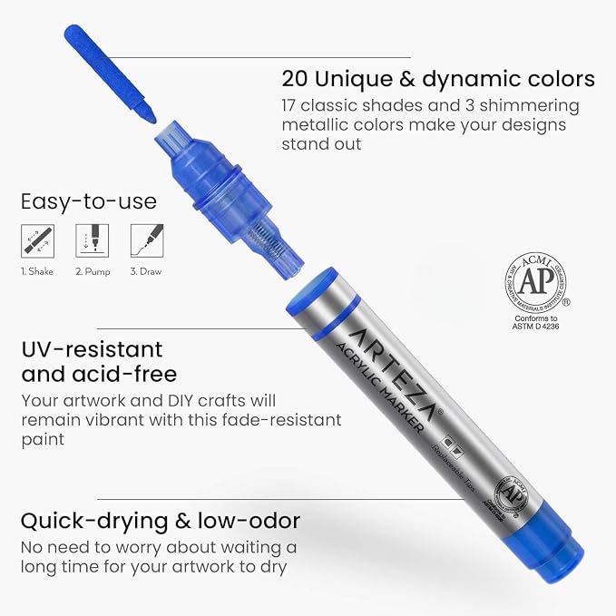 ARTEZA Acrylic Paint Markers, Set of 20 Acrylic Paint Pens in Assorted Colors, Art Markers for Glass, Pottery, Ceramic, Plastic, Rocks, and Canvas