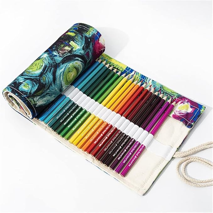 DIYOMR 12/24/36/72 Slots Pencil Wrap Pencil Rolls，Artist Colored Pencil Roll Up Bag Short Brush Pouch Case Pencils Organizer Drawing Coloring & Sketching，No Pencils (Ink Painting，12slots) (PCD1098)