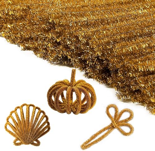 Caydo 200 Pieces Glitter Golden Pipe Cleaners, Thick Fluffy Chenille Stems, Pipe Cleaner Crafts for Arts & Crafts, Perfect for Making Animals, Flowers, and Home Decorations
