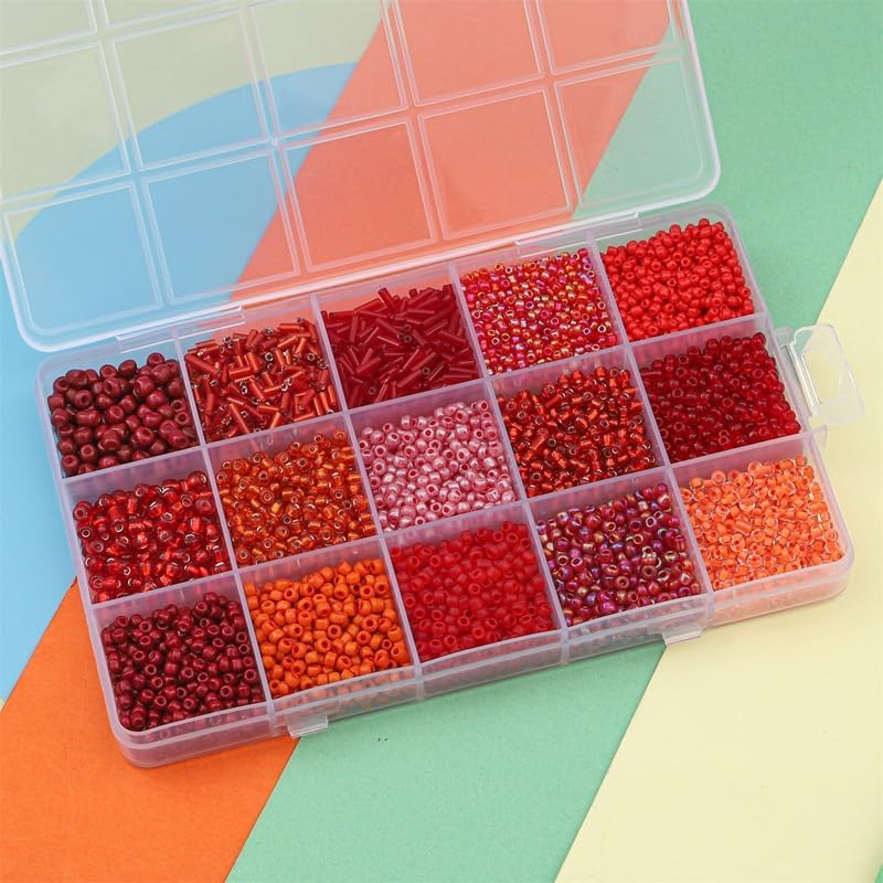 15 Grid Red Glass Seed Bugle & Tube Beads Kit for Jewelry Making DIY Craft