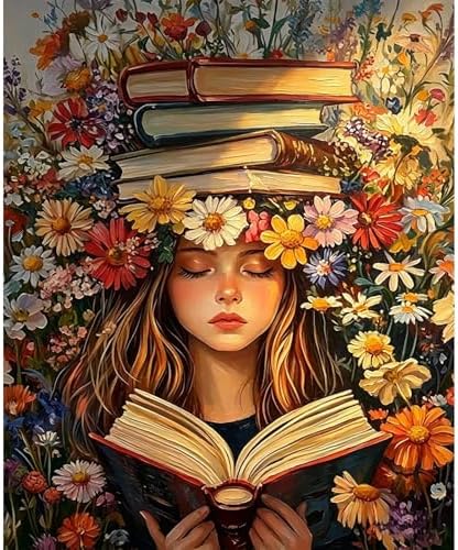 Paint by Numbers Kit for Adults - Flower & Girl Reading, DIY Acrylic Paint by Number, Oil Painting Style Canvas Art, Beginner Friendly Paint by Number for Adults, Perfect for Home Wall Decor