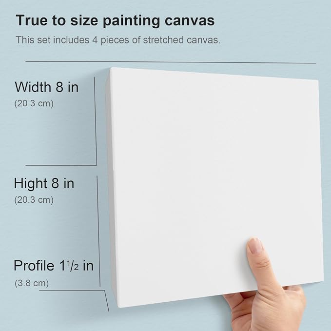 PHOENIX 8x8 Inch Gallery Depth Watercolor Canvas 4 Pack | 1.5 In Deep 100% Cotton Water Color Square Canvases for Painting, 260g Medium Texture Canvas for Water Based Paints