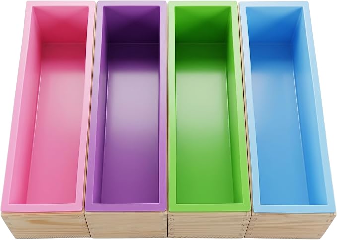 4 Pcs Flexible Rectangular Soap Loaf Mold Silicone Molds with Wood Box 42oz | Soap Making Mollds DIY Tool, for Homemade Soap Making, Purple, Green, Blue, Pink