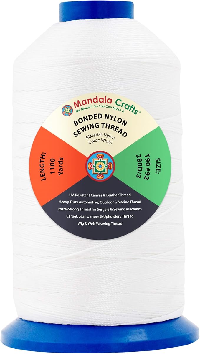 Mandala Crafts Size 92 280D T90 White Bonded Nylon Thread, 1100 YDs