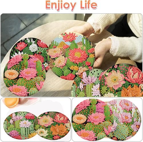 ijbnhd Cactus Diamond Painting Coasters Kit with Holde 4X4IN