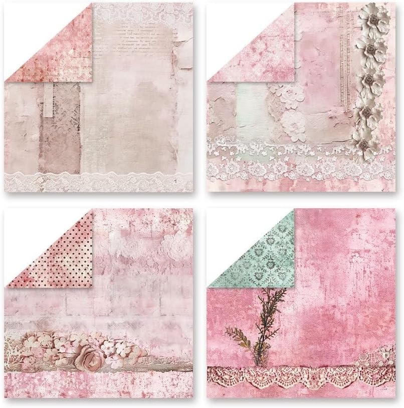 Pink Lace Scrapbook Paper Vintage Flower Pattern Papers Pad 12×12,24 Sheets Double-Sided Bobo Floral Scrapbooking CardStock Paper Pad for Holiday Cardmaking DIY Origami Papers.