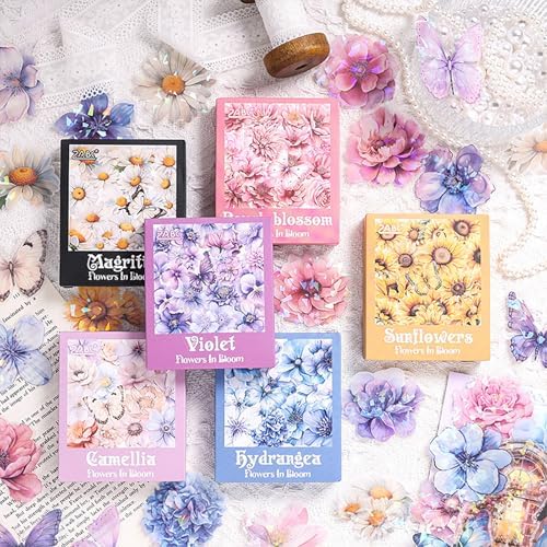 Doraking 60 Pieces Glitter Shiny Flower Stickers for Journaling Art Crafts | Waterproof Decorative Decal for Scrapbooking Supplies Journal Planners Photo Album Decor (Colorful)